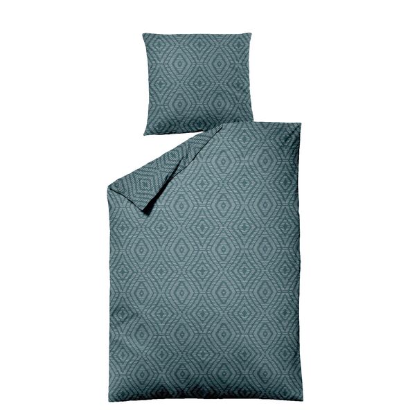 Bettwäsche Jacquard-Feinbiber, Rautenmuster in Petrol- und Grüntönen. Kissen- und Bettbezug mit feiner, strukturierter Oberfläche.