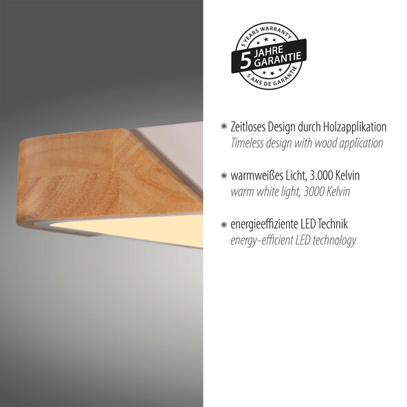 Weiße, quadratische LED-Deckenleuchte BILA mit abgerundeten Ecken, die eine gleichmäßige, helle Ausleuchtung verspricht.
