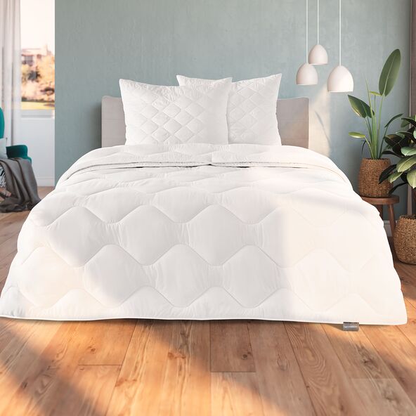 Bettenset Jahreszeiten, 200 x 200 cm, bestehend aus einer weißen Bettdecke und zwei weißen Kopfkissen auf weißem Hintergrund, freigestellt.