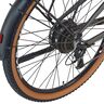 Dunkelblaues E-Mountainbike mit 29-Zoll-Reifen, sportlicher Rahmengeometrie und integriertem Akku im Unterrohr.