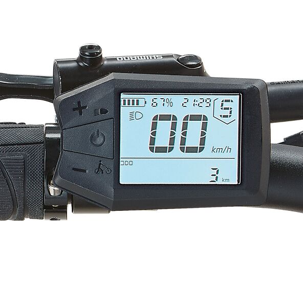 Dunkelblaues E-Mountainbike mit orangenen Akzenten, 29-Zoll-Reifen, Federgabel und sportlichem Rahmen vor neutralem Hintergrund.