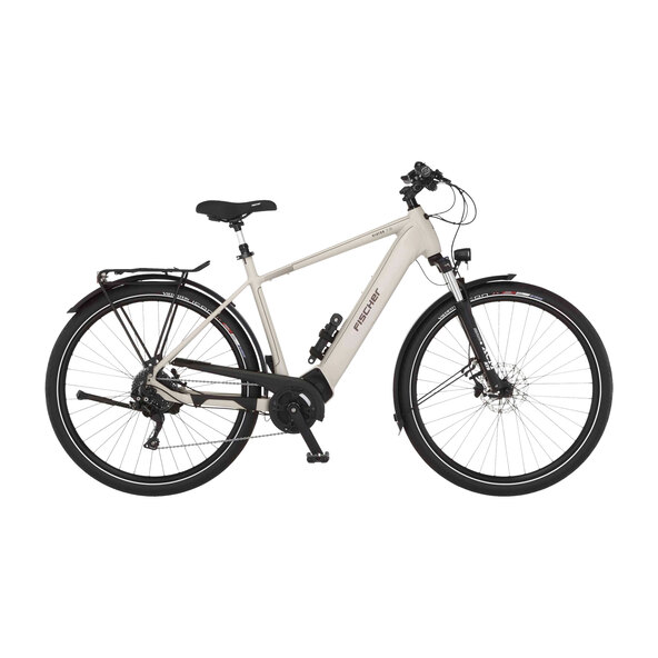 E-Bike Trekking in silbergrauer Farbe, Rahmenhöhe 55 cm, mit Gepäckträger, Schutzblechen und integriertem Akku am Unterrohr.