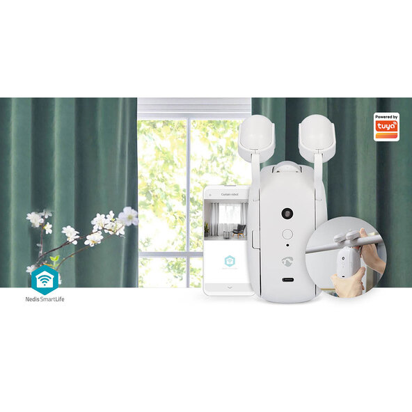 Vorhang Roboter SmartLife, weiße, längliche Bauform, hängt an einer Gardinenstange und öffnet/schließt Vorhänge mithilfe eines integrierten Mechanismus.