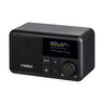 Schwarzes, kompaktes DAB+ Radio mit kleinem Display und wenigen Bedienelementen auf einer hellen Fläche fotografiert.