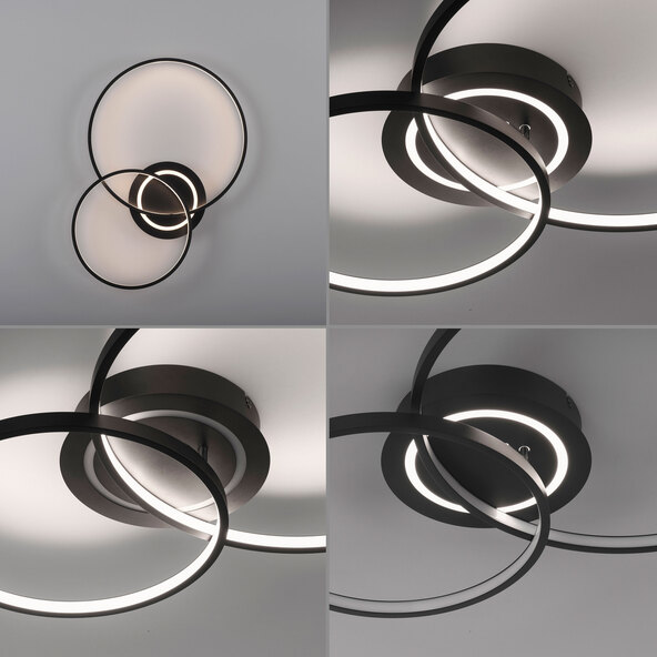 Schwarze, runde LED-Deckenleuchte ASMINA mit gleichmäßigem, diffusem Lichtschein. Die Leuchte hat eine schlichte, moderne Form und ist flach an der Decke montiert.