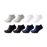 Acht Paar schlichte, schwarze Sneaker-Socken Basic für Männer in Größe 39/42, flach ausgebreitet und ordentlich gestapelt.