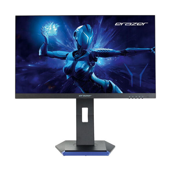 Ein schwarzer Full HD Monitor Spectator steht vor einer neutralen, hellen Wand. Der Bildschirm zeigt ein farbenfrohes, helles Bild. Der Monitorfuß ist schlank und silberfarben.