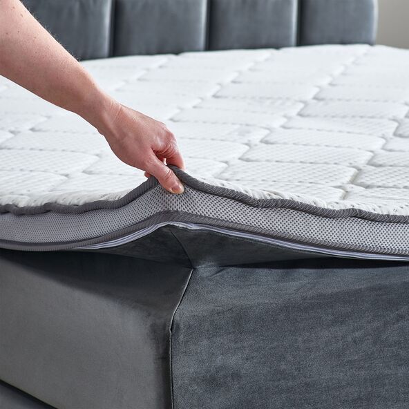 Anthrazitfarbenes Boxspringbett mit großem Kopfteil, bezogen mit Stoff, Liegefläche 180x200 cm, auf Füßen stehend, im Hintergrund helle Wand.