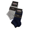 Acht Paar schlichte, schwarze Sneaker-Socken für Männer, Größe 39/42, freigestellt vor weißem Hintergrund. Die Socken sind ordentlich gestapelt dargestellt.