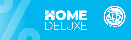 Zwei Produkte auf hellblauem Hintergrund mit dem Home Deluxe Logo dazwischen