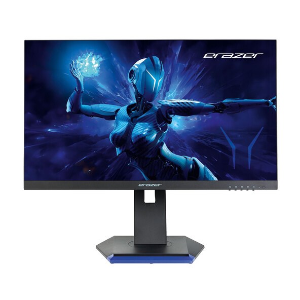Freigestellter Full HD Monitor Spectator, schräg von vorne rechts gezeigt. Das Display ist eingeschaltet und zeigt ein farbiges Bild. Der Monitor steht auf einem schwarzen Standfuß.