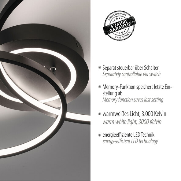 Schwarze LED-Deckenleuchte ASMINA mit runder, flacher Bauform. Das Licht strahlt indirekt nach oben und direkt nach unten ab.