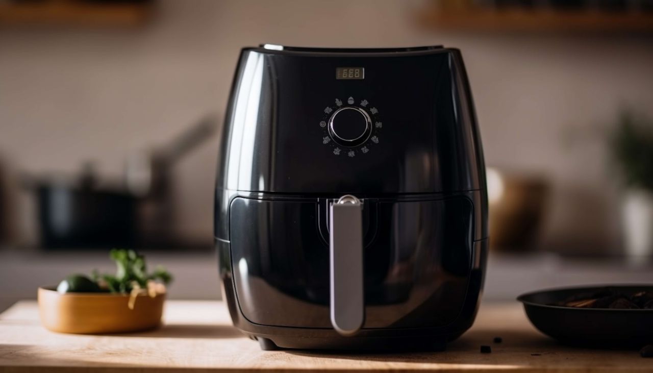 Schwarze, runde Heißluftfritteuse mit silbernem Griff steht auf einer Holz-Küchenplatte