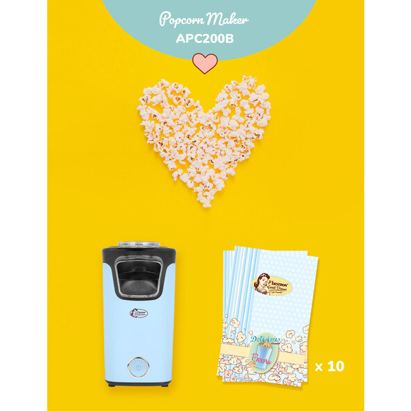 :

Blaue Popcornmaschine im Retro-Design, mit transparentem Behälter und goldfarbenen Akzenten, vor weißem Hintergrund.