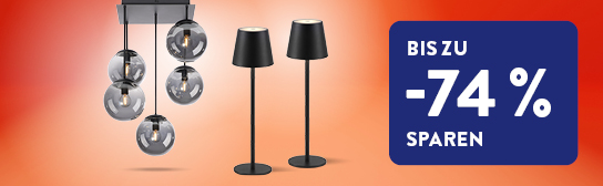 Zwei Lampen auf rotem Hintergrund neben der Überschrift &quot;Lampen Deals - bis zu 74 % sparen&quot;