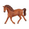 Ein beiges SUV-Spielzeugauto zieht einen weißen Pferdeanhänger mit blauem Dach. Das Spielzeug stellt den Horse Club SUV mit Pferdeanhänger dar.