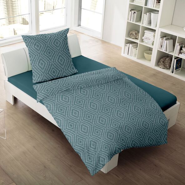 Bettwäsche Jacquard-Feinbiber, 155/220+ 80/80 cm, Raute petrol
