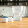 Wassersprudler Logan mit Filterkanne, bestehend aus einem weißen Sprudlergerät, einer transparenten Wasserkaraffe und weiteren Zubehörteilen auf einer weißen Oberfläche.