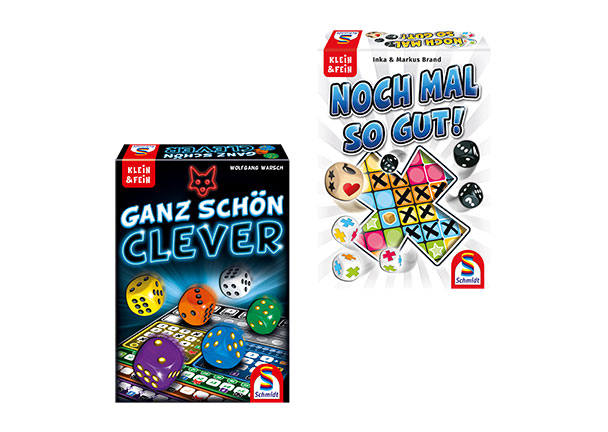 Zwei Spieleschachteln "Ganz schön clever" und "Nochmal so gut" stehen nebeneinander. Sie zeigen farbenfrohe, abstrakte Muster und den jeweiligen Spieltitel.