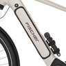 Dunkelblaues Trekking E-Bike "VIATOR" mit Diamantrahmen, Gepäckträger, Schutzblechen und gefederter Gabel steht seitlich vor neutralem Hintergrund.