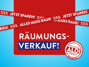 Roter Kasten auf blauem Hintergrund mit der Überschrift Räumungsverkauf