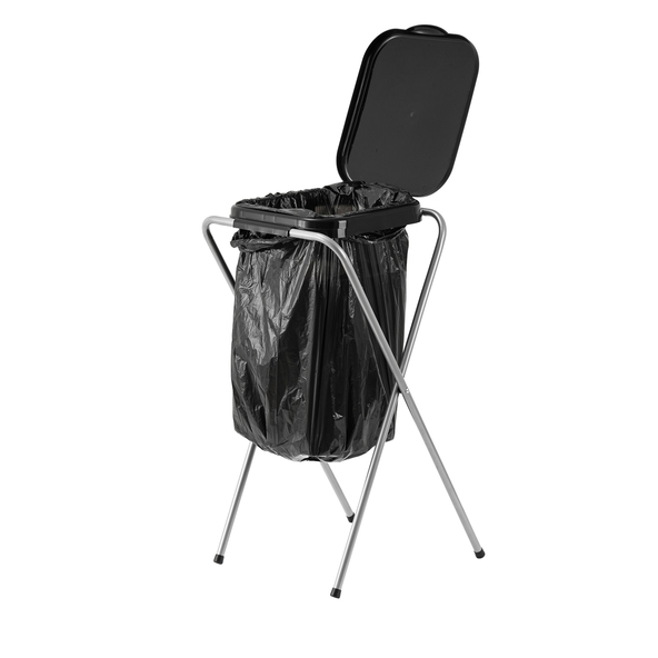 Müllsackständer aus Metall mit blauem Deckel hält einen transparenten Müllsack. Der Ständer steht auf einem hellen Untergrund.