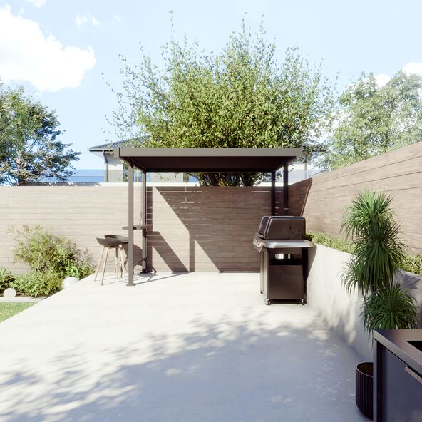 Anthrazitfarbene Bar Pergola mit verstellbarer Lamellenüberdachung. Die Pergola bietet Schatten und Schutz und steht auf einer Terrasse.