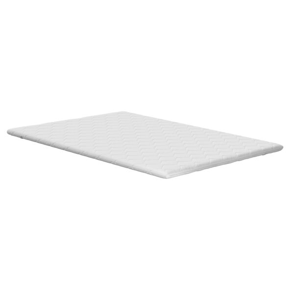 Visko Matratzen Topper ausgerollt auf einer Matratze, glatte, weiße Oberfläche, leicht glänzend, angedeutete Liegekuhle in der Mitte.