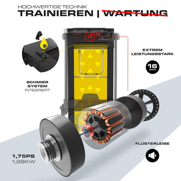 Zusammengeklapptes Laufband mit digitalem Display und Bedienelementen in einem hellen Raum, gut erkennbarer Markenname auf der Lauffläche.