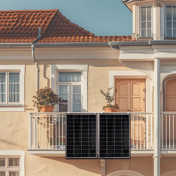 Zwei rechteckige Solarmodule mit schwarzem Rahmen sind auf einem grauen Untergrund dargestellt. Kabel führen zu einem Wechselrichter. Das Set wird als "Balkonkraftwerk" beworben.