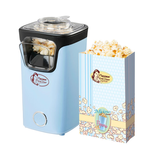 Blaue Popcornmaschine mit transparentem Behälter und integriertem Rührwerk, freigestellt vor weißem Hintergrund, zur Zubereitung von frischem Popcorn.