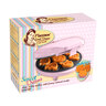 Pinkfarbener Mini Cookie Maker mit antihaftbeschichteten Backflächen für kleine Kekse. Das Gerät hat einen Verschluss und eine Kontrollleuchte.