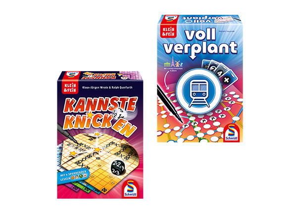 Zwei quadratische Spielpackungen nebeneinander, "Kannste knicken" in Blau und "Voll verplant" in Gelb, beide mit bunten Illustrationen und dem Schriftzug "Klein und Fein Spiele".