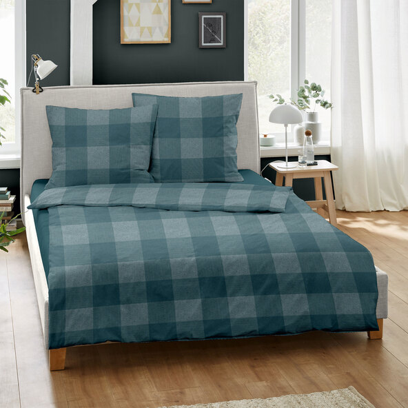 Bettwäsche Jacquard-Feinbiber 200/220 + 2x80/80 cm, Karo petrol