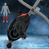 Heimtrainer F-Bike Curved, zusammengeklappt, in dunklem Grau und Schwarz, mit Rückenlehne und Display, vor hellem Hintergrund.