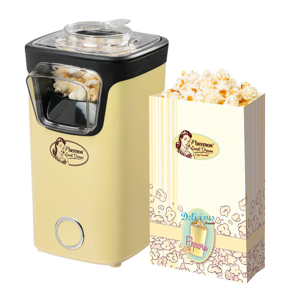 Gelbe Popcornmaschine mit transparentem Behälter und Retro-Design, freigestellt vor weißem Hintergrund.