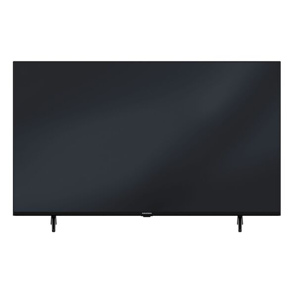 Ein freistehender, eingeschalteter Android Smart-TV mit schmalem Rahmen zeigt ein farbenfrohes Bild auf seinem Bildschirm.