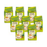 Acht Kaffeepackungen Bio Caffè Crema Fairtrade mit ganzen Bohnen sind ordentlich in zwei Reihen gestapelt, wobei jede Packung das Produktetikett zeigt.