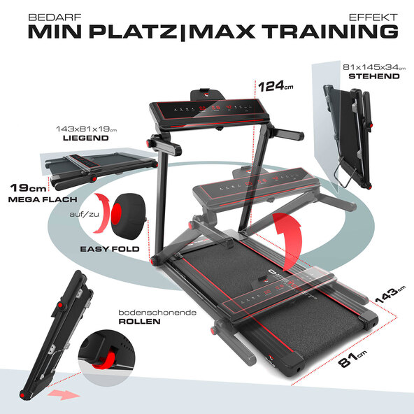 Laufband mit digitalem Display, Bedienelementen und Haltegriffen. Das Gerät steht auf einem ebenen Untergrund und ist in dunklen Farbtönen gehalten.
