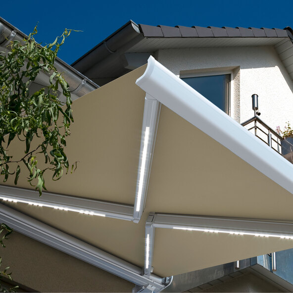 LED-Vollkassettenmarkise ELOS V2 inkl. Windsensor sandfarben, 350 x 250 cm