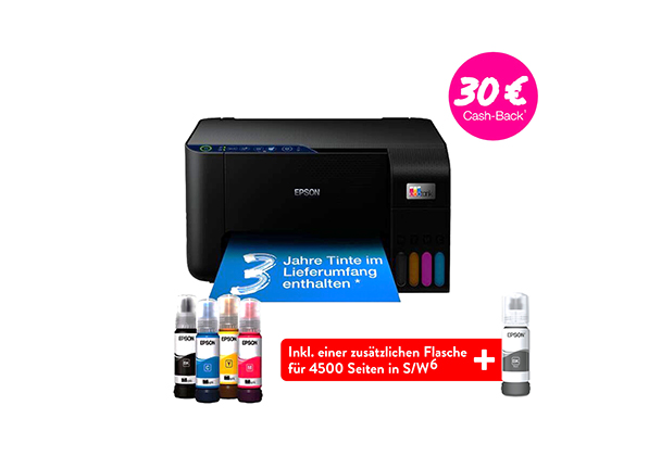 Tintenstrahldrucker EcoTank, von vorne leicht schräg aufgenommen, in Weiß und Grau. Papierausgabe unten, Bedienfeld oben rechts. Herstellerlogo vorne mittig.