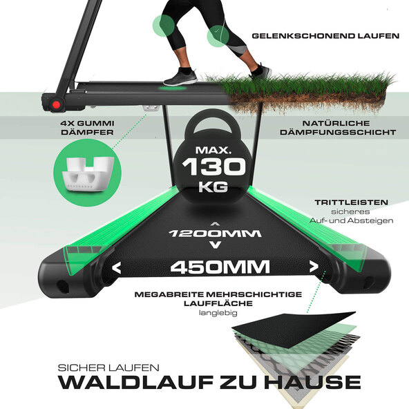 Ein schwarzes Laufband mit grauem Display und blauen Akzenten steht vor einem hellen Hintergrund.