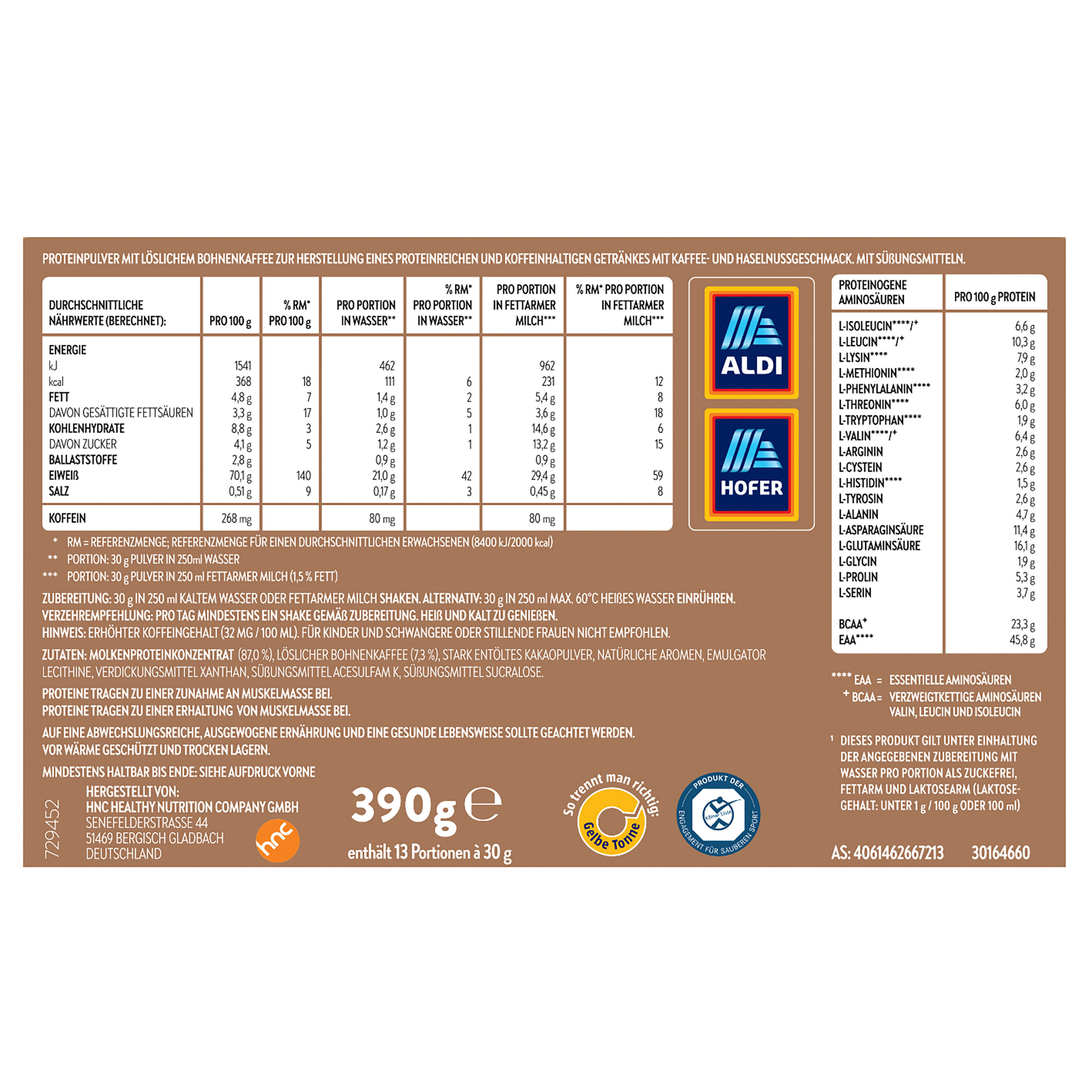 ALDI SPORTS Protein Kaffee, Klassik & Haselnuss ALDI