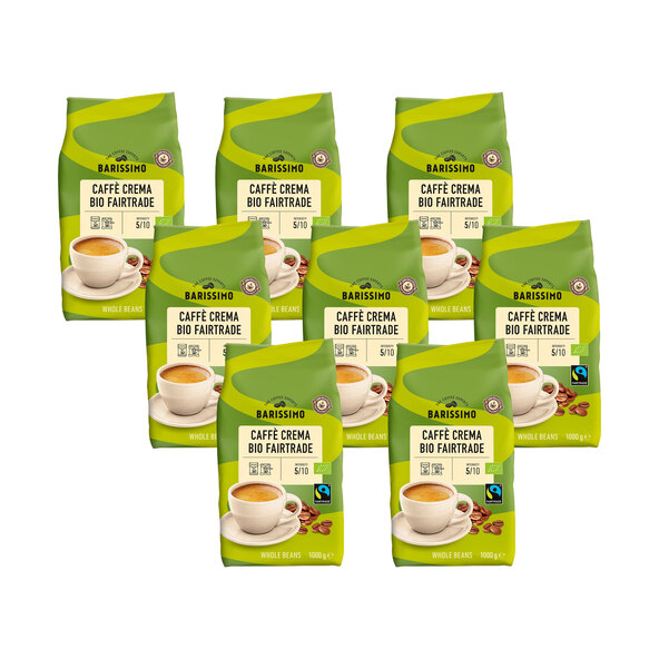 Acht Kaffeepackungen Bio Caffè Crema Fairtrade mit ganzen Bohnen sind ordentlich in zwei Reihen gestapelt, wobei jede Packung das Produktetikett zeigt.