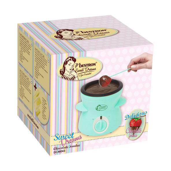 Türkisfarbenes Mini Schoko-Fondue Set mit Teelichthalter, Keramikschale und zwei Gabeln vor weißem Hintergrund, geeignet für den kleinen Schokoladenfondue-Genuss.