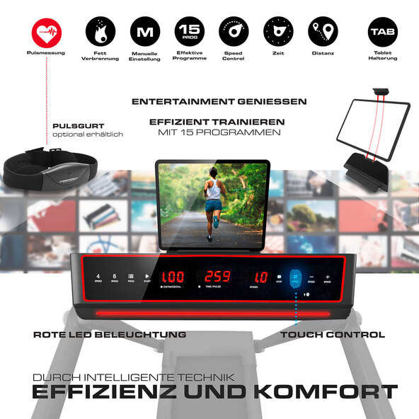 Freigestelltes Laufband des Modells Laufband TM, frontal aufgenommen, mit Display und Bedienelementen, vor weißem Hintergrund.