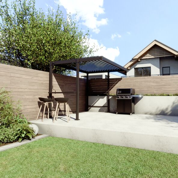 Anthrazitfarbene Bar Pergola mit Lamellenüberdachung vor hellem Hintergrund. Die Lamellen sind geschlossen. Die Pergola steht auf einer Terrasse.