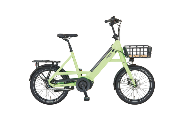Kompaktes E-Bike Urbanicer in Grau mit tiefem Einstieg, Gepäckträger hinten, Schutzblechen und Frontscheinwerfer vor einem neutralen Hintergrund.