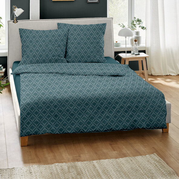 Bettwäsche Jacquard-Feinbiber 200/220 + 2x80/80 cm, Grafik petrol
