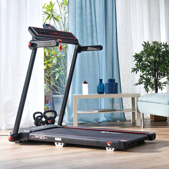 Laufband mit schwarzem Rahmen und grauer Lauffläche, Konsole mit Display und Bedienelementen, geeignet für das Training zu Hause.